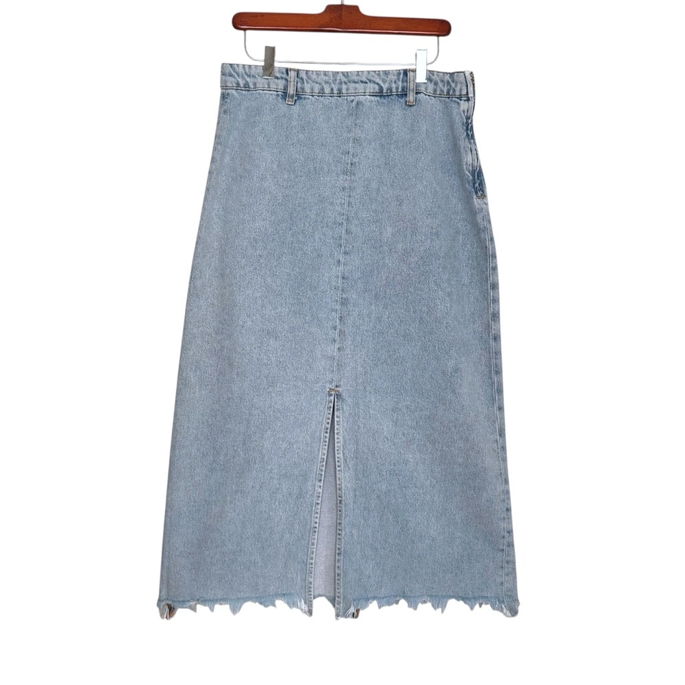 ZARA Premium Denim Light Wash Midi Skirt Raw Hem Front Slit Size L - Picture 16 of 16